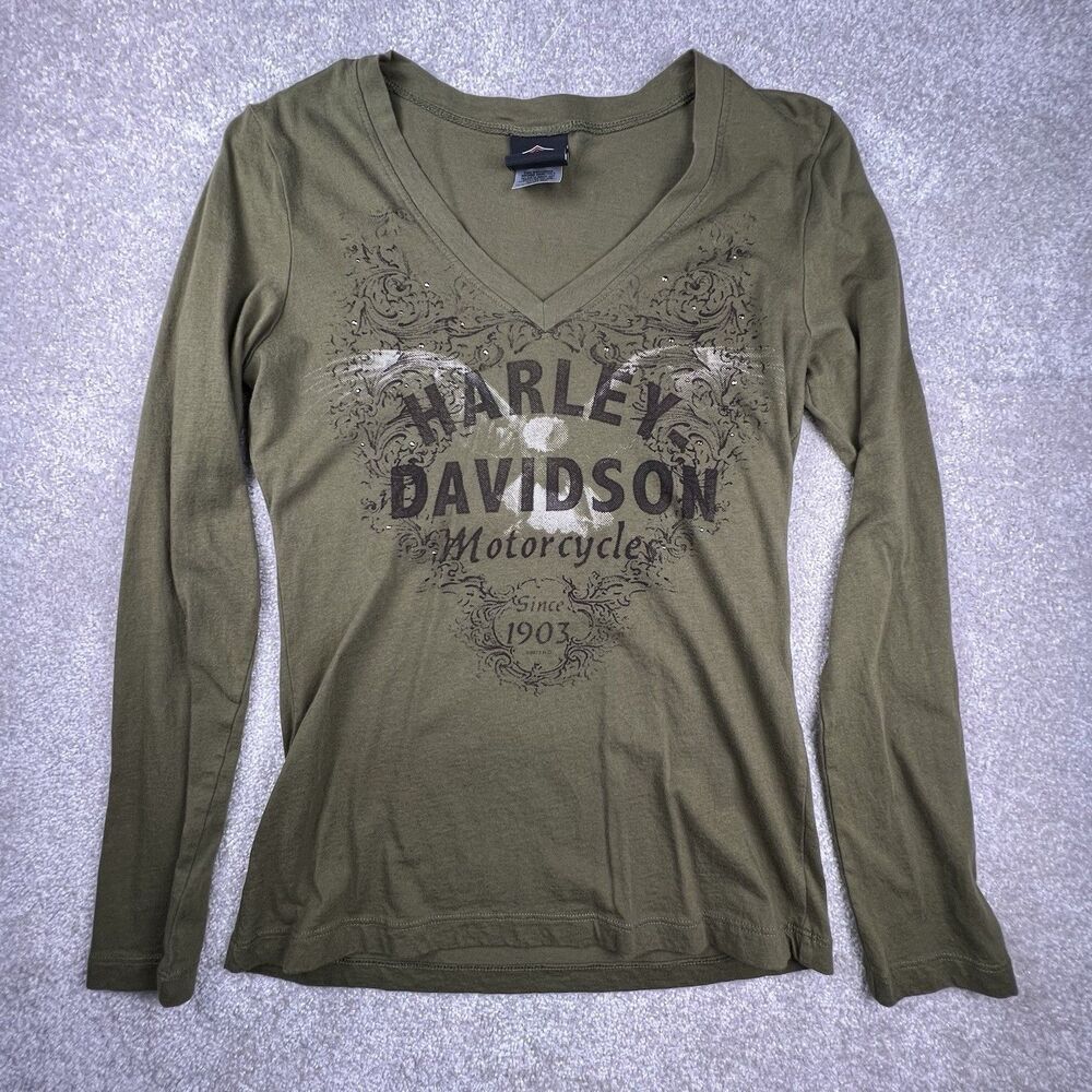 Harley-Davidson Women Olive Green Long Sleeve T-Shirt Size M 2013 Mountain